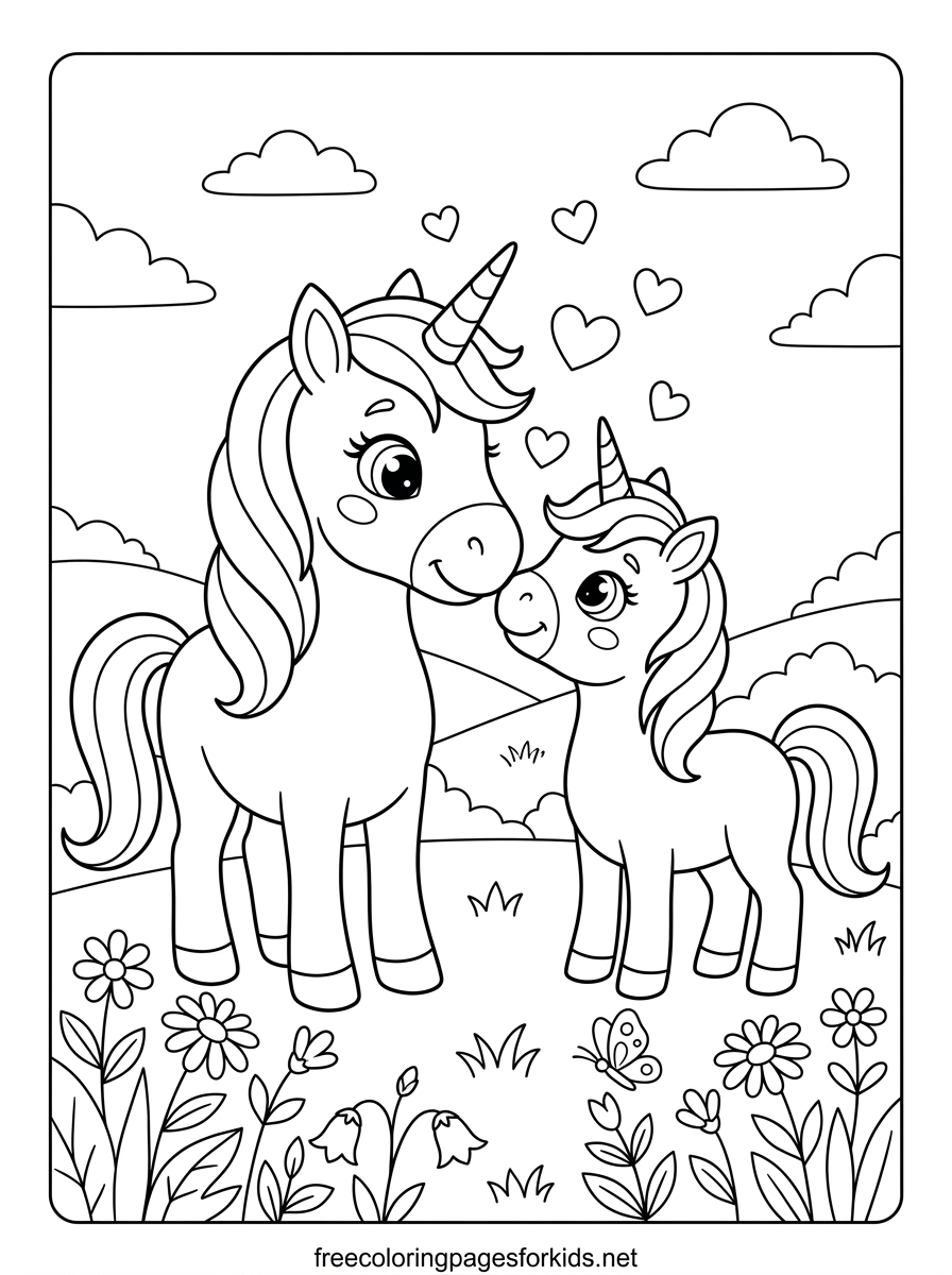 Mother Unicorn and Baby Nuzzling Coloring Page