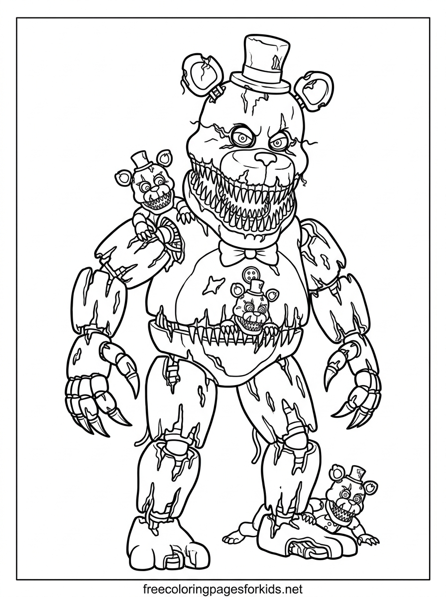 Nightmare Freddy With Little Freddies Coloring Page