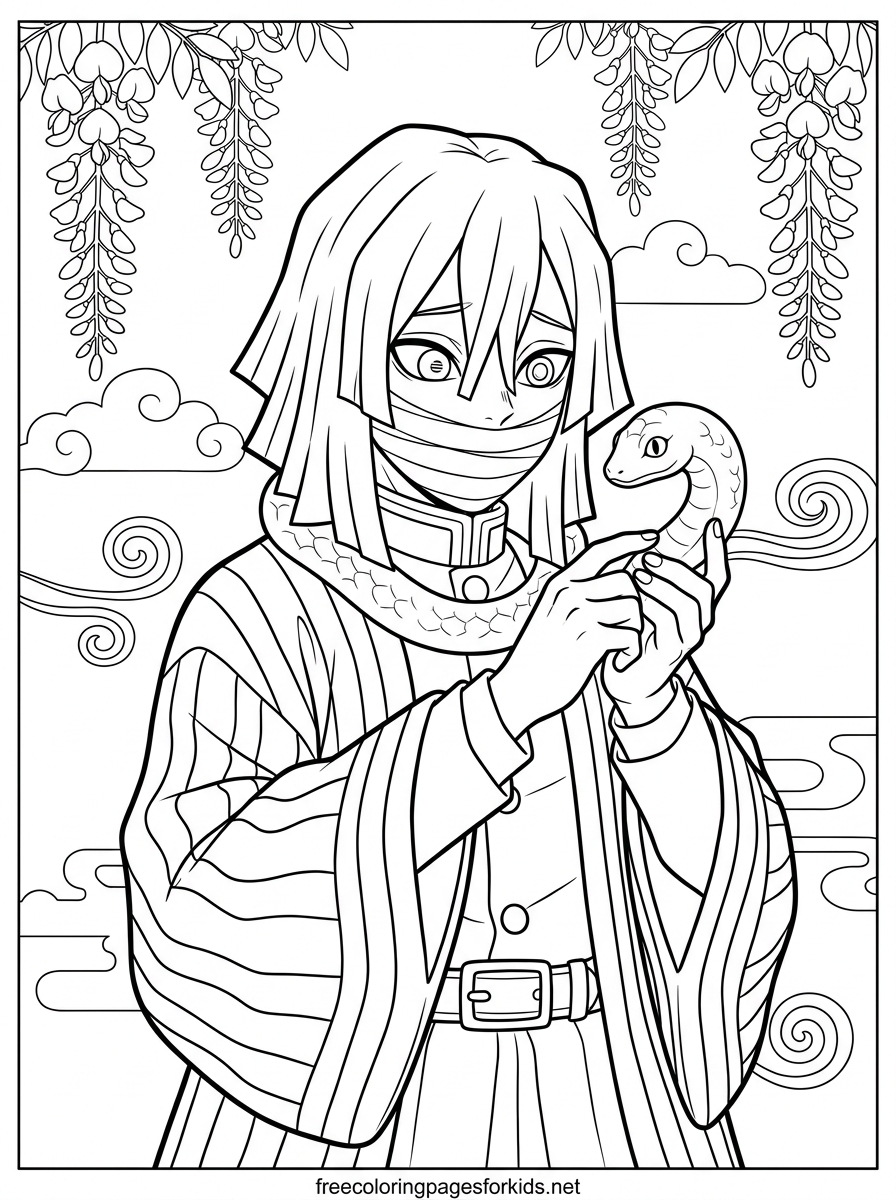 Obanai Iguro With a Snake Coloring Page
