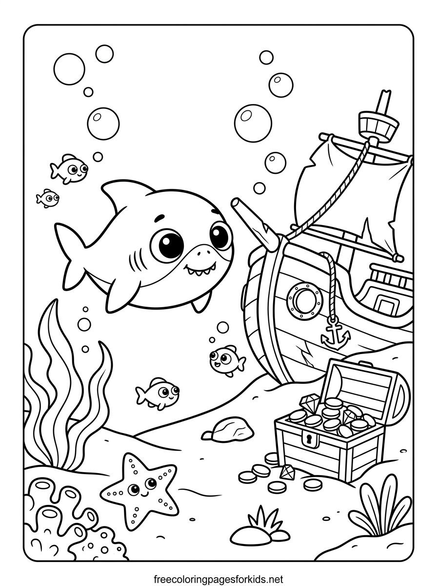 Baby Shark Exploring a Sunken Ship Coloring Page