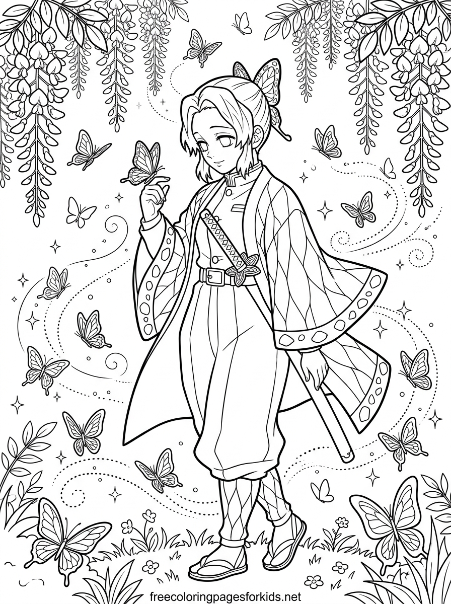 Shinobu Kocho With Butterflies Coloring Page