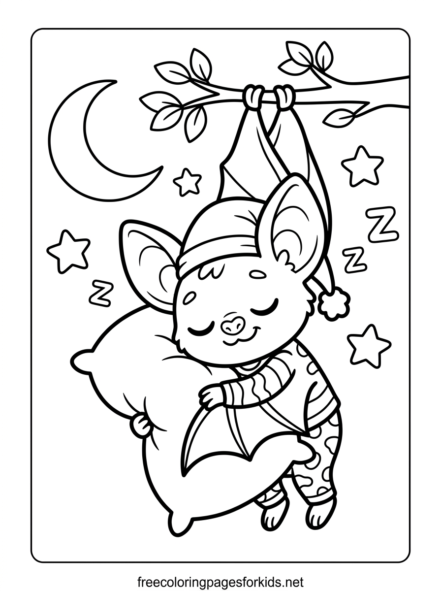 Sleepy Bat Hugging a Pillow Coloring Page