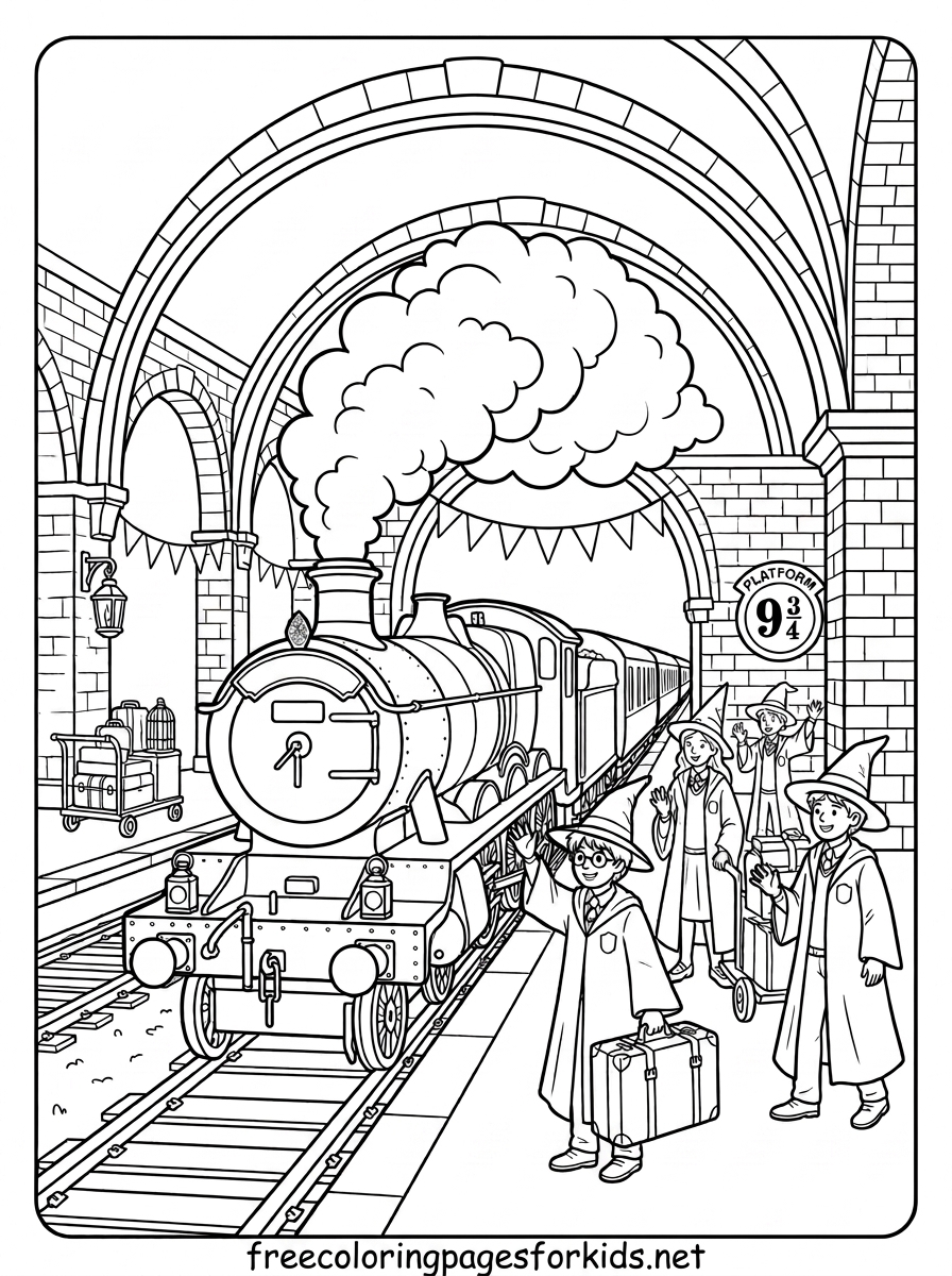 Steam Train at the Wizard Station Coloring Page