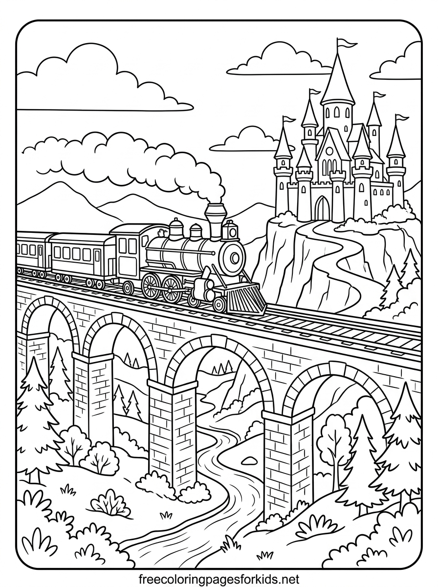Steam Train Crossing a Bridge to the Castle Coloring Page