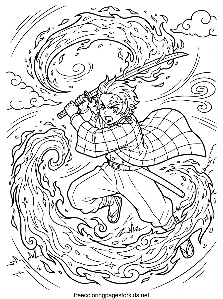 Tanjiro Performing Hinokami Kagura Coloring Page