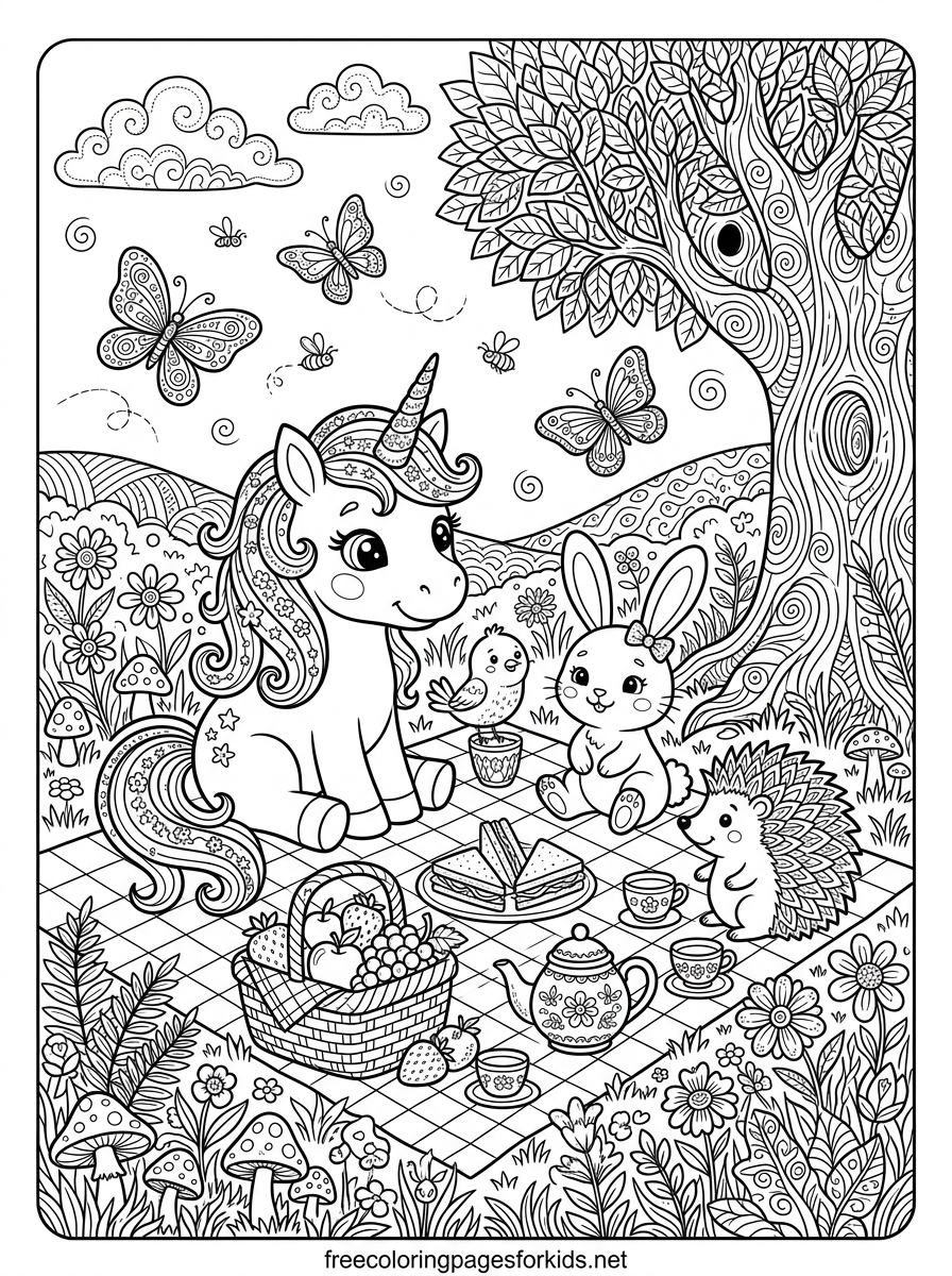 Unicorn Having a Picnic With Animals Coloring Page