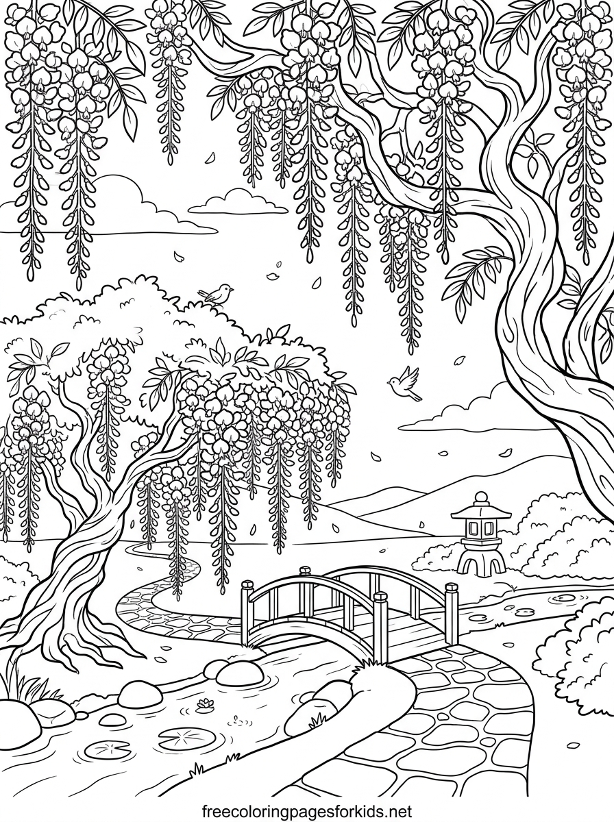 Wisteria Trees Garden Coloring Page