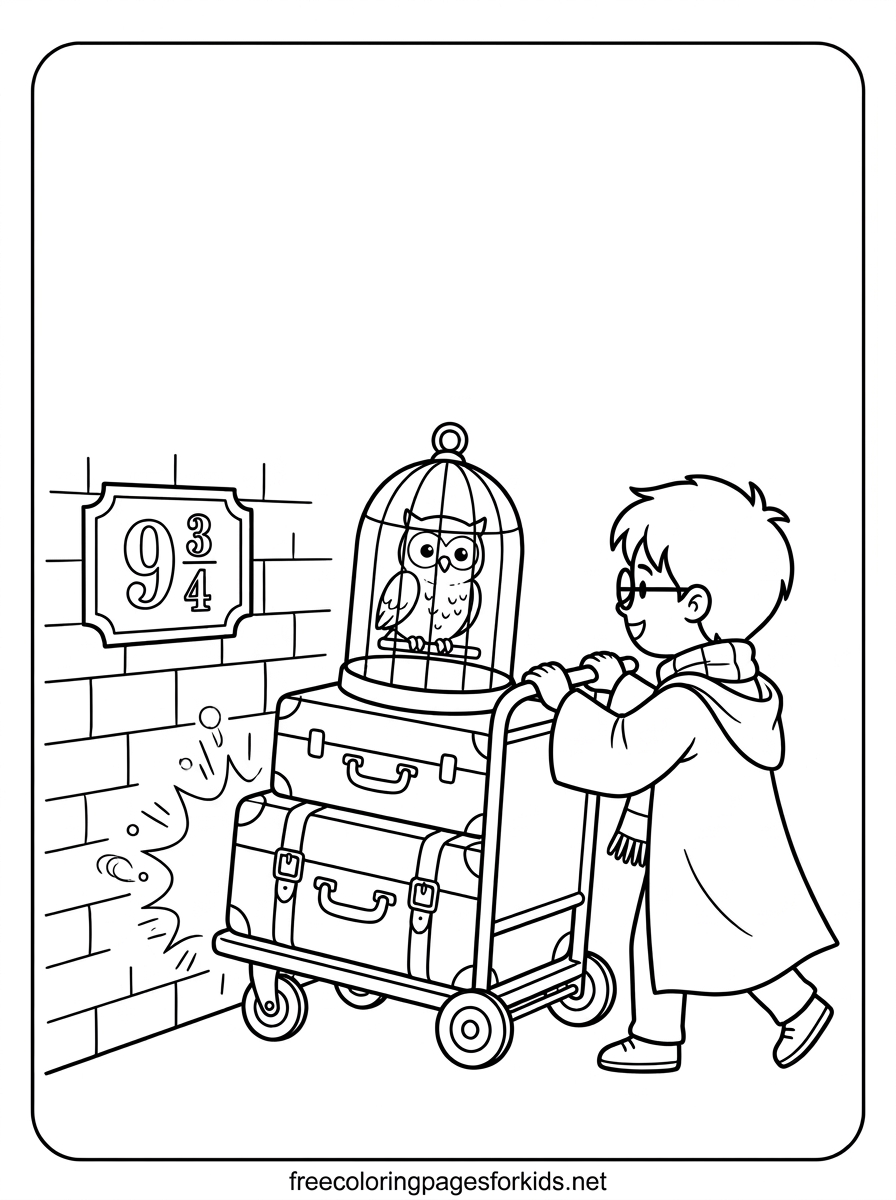 Wizard Boy Pushing a Luggage Trolley Coloring Page