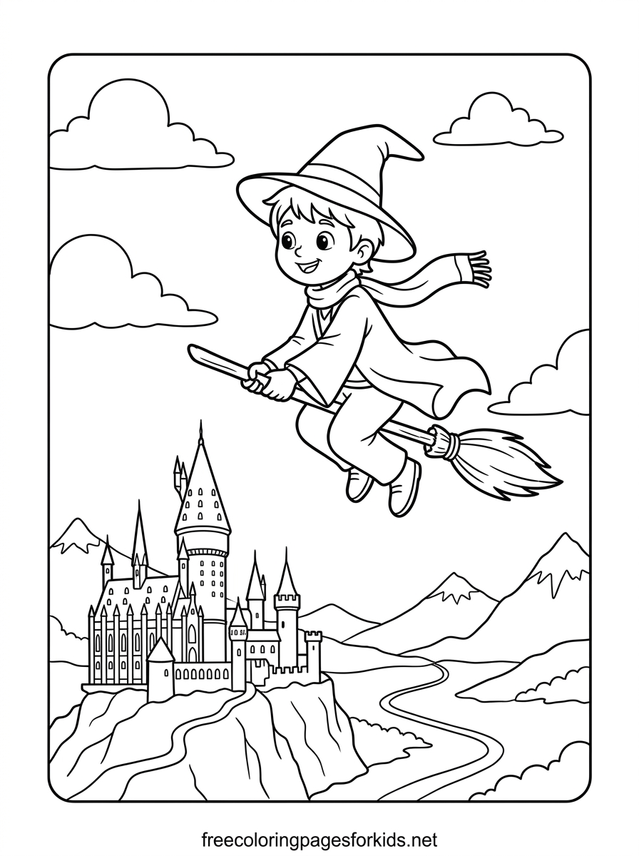 Wizard Flying on a Broomstick Coloring Page
