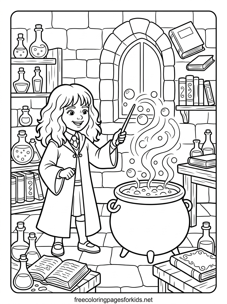 Wizard Girl Brewing a Potion Coloring Page