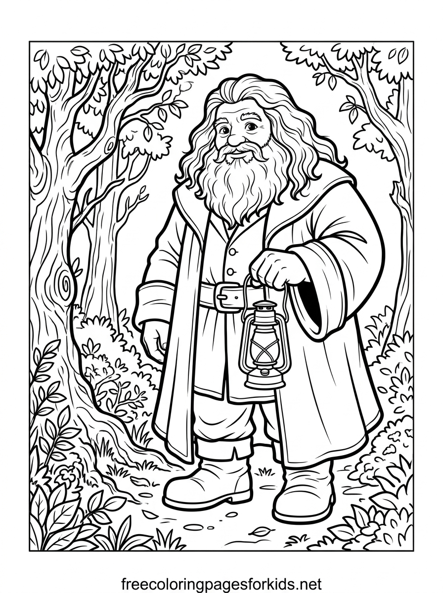Bearded Wizard Holding a Lantern in the Forest Coloring Page