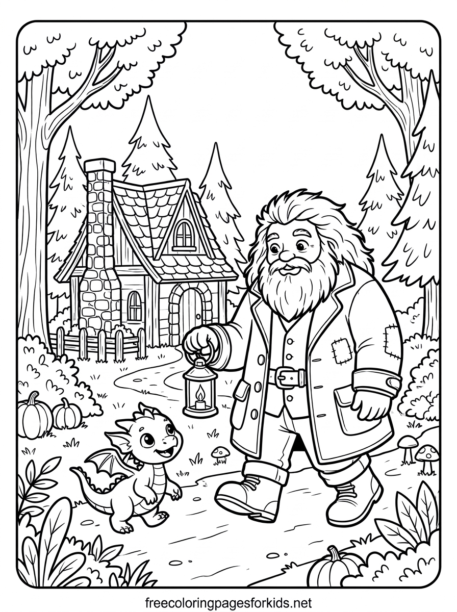 Bearded Wizard Walking With a Baby Dragon Coloring Page