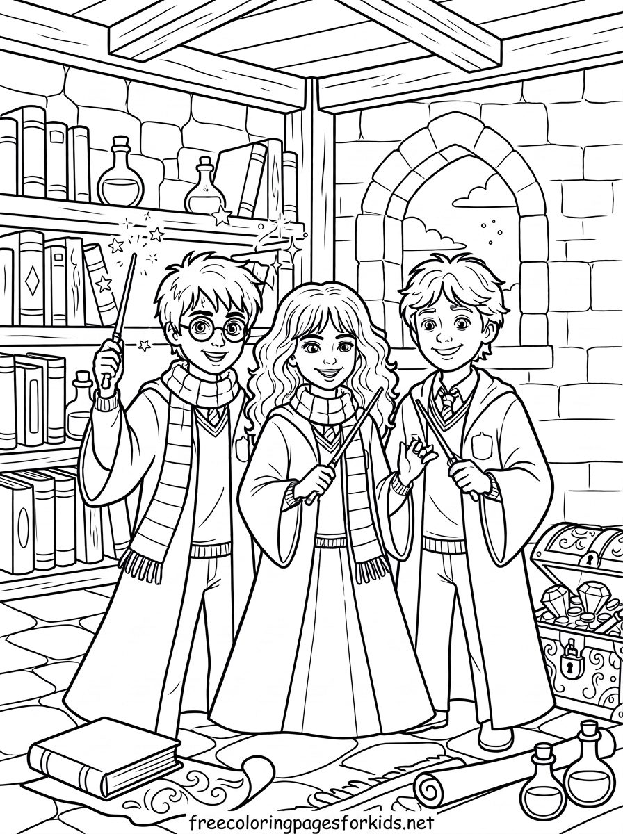 Young Wizards Holding Wands Coloring Page