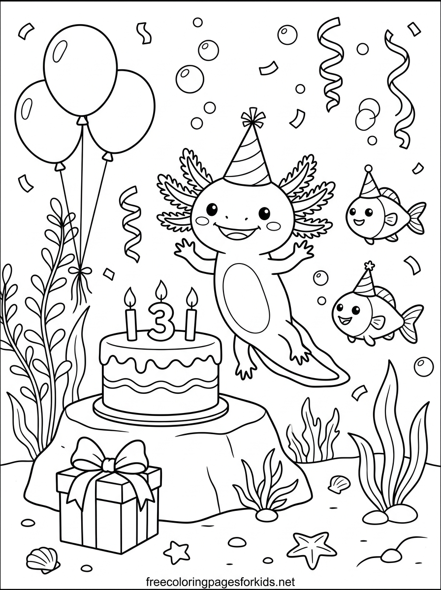 Axolotl Underwater Birthday Party Coloring Page