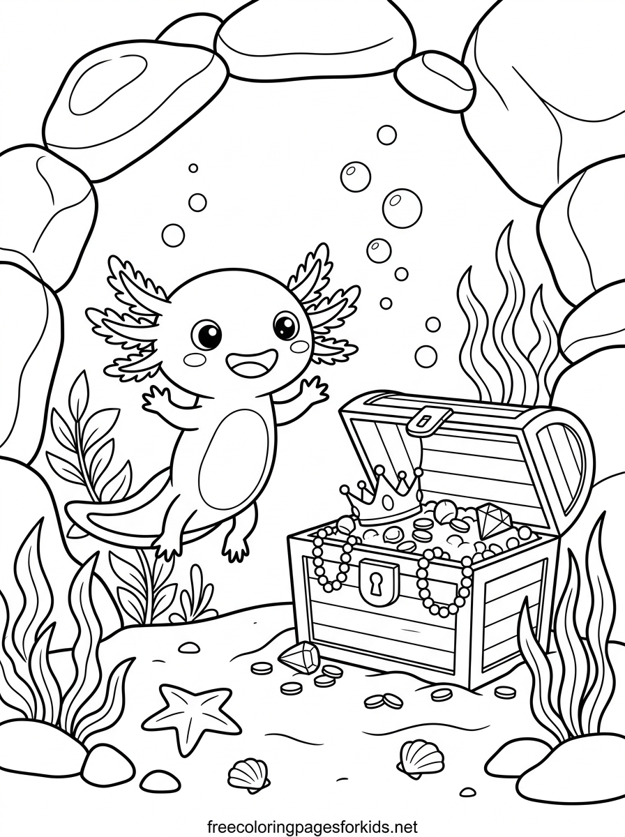 Axolotl Discovering Underwater Treasure Coloring Page