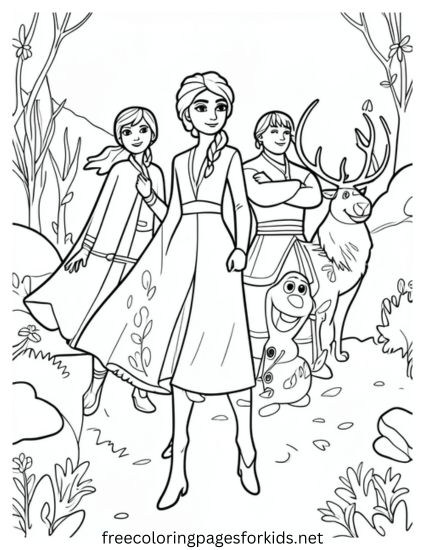 Elsa, Anna, Kristoff, Sven and Olaf in the Forest Coloring Page, frozen coloring pages