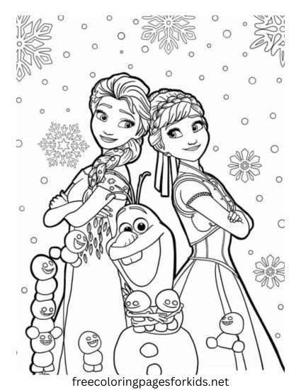 Elsa, Anna and Olaf With Little Snowmen Coloring Page