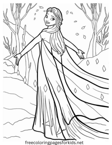 Elsa in the Autumn Forest Coloring Page