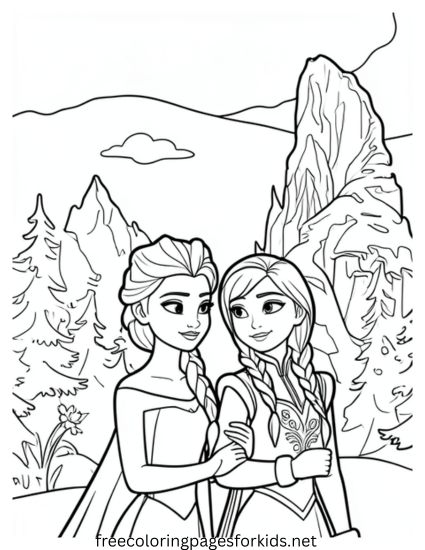 Elsa and Anna in the Mountains Coloring Page