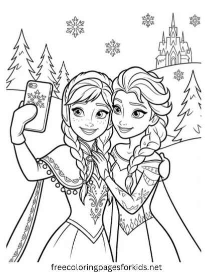 Anna and Elsa Taking a Selfie Coloring Page