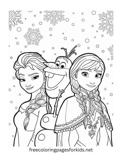 Elsa, Olaf and Anna in the Snow Coloring Page