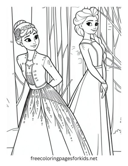 Anna and Elsa Among the Trees Coloring Page