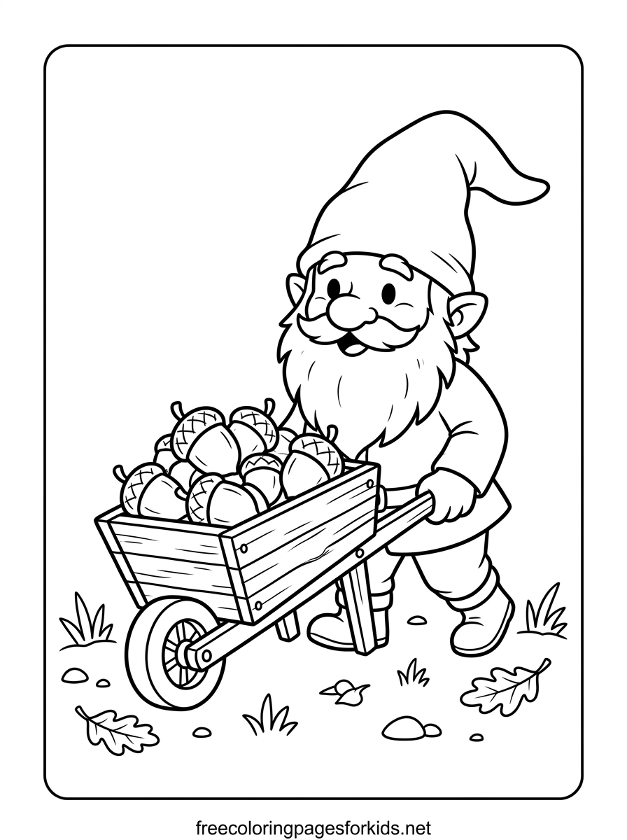 Gnome with an Acorn Wheelbarrow Coloring Page