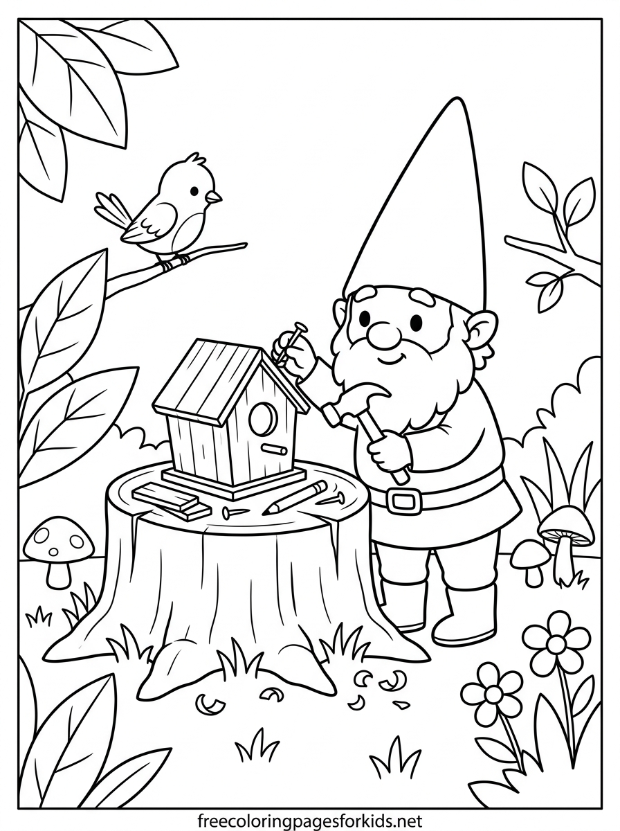 Gnome Building a Birdhouse Coloring Page