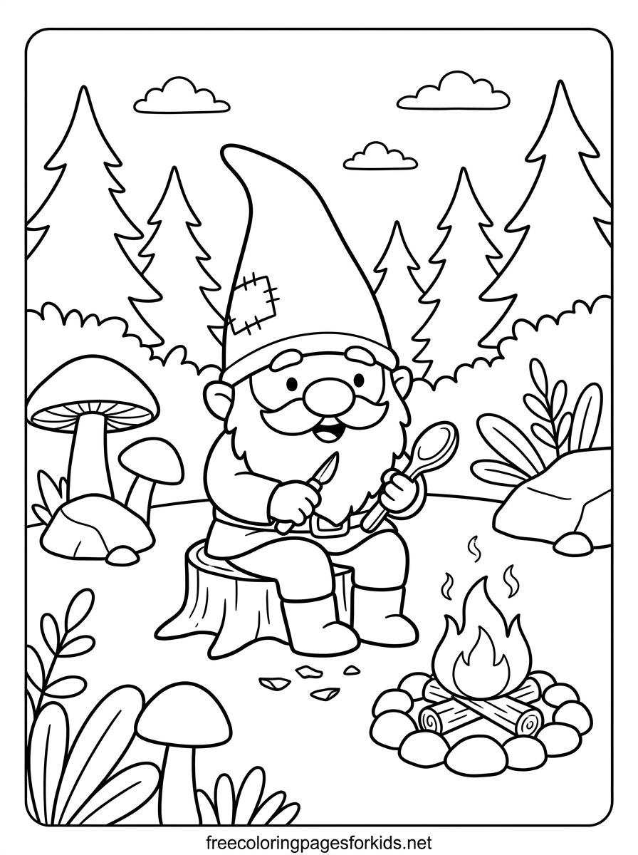 Gnome by the Campfire Coloring Page