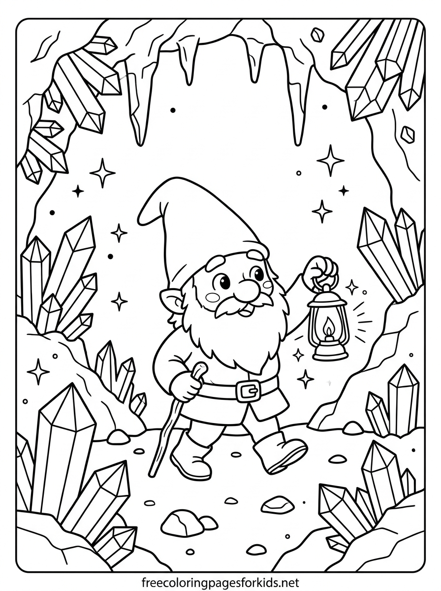 Gnome in the Crystal Cave Coloring Page