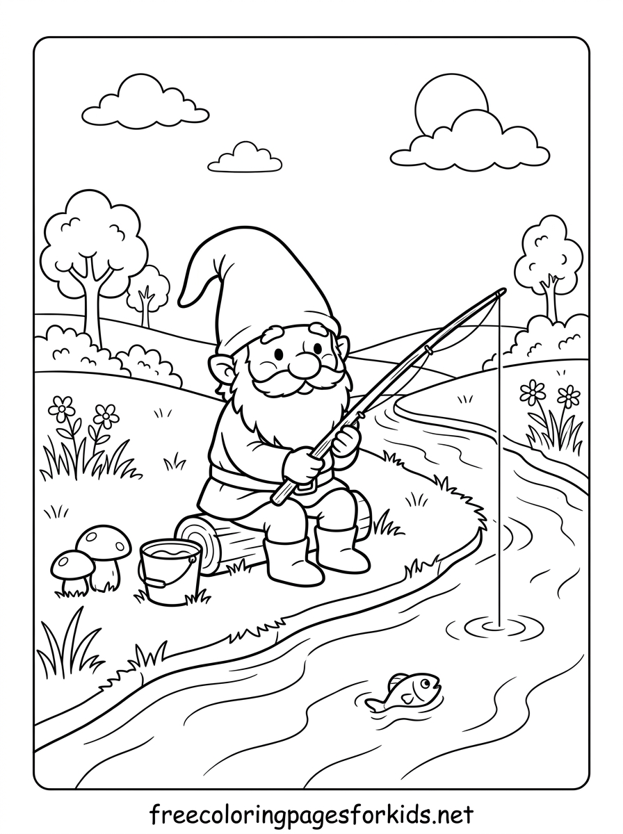 Gnome Fishing by the River Coloring Page