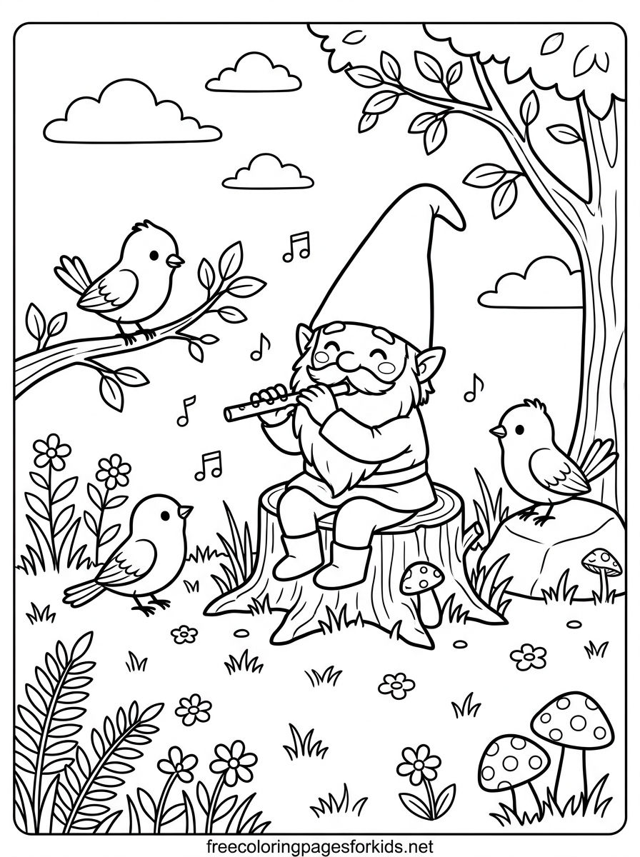 Gnome Playing the Flute Coloring Page