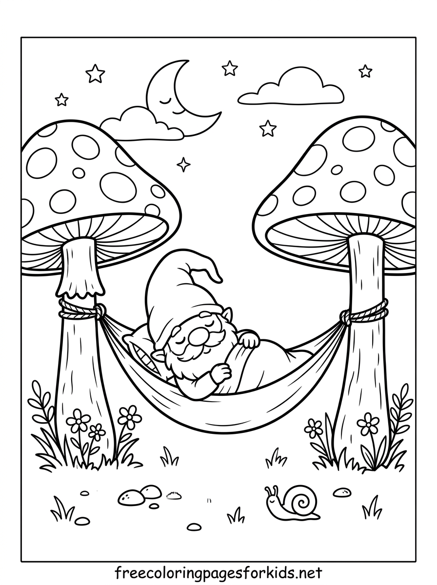 Sleeping Gnome in a Hammock Coloring Page