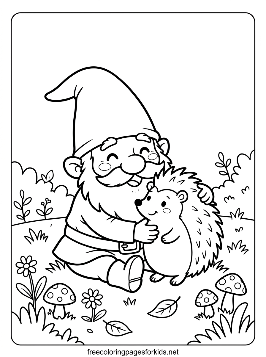 Gnome Hugging a Hedgehog Coloring Page