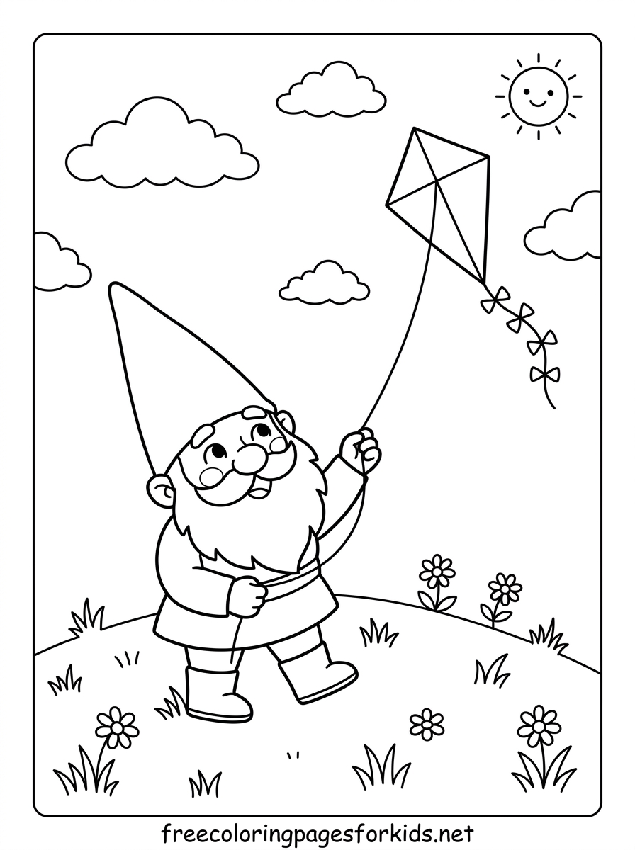 Gnome Flying a Kite Coloring Page