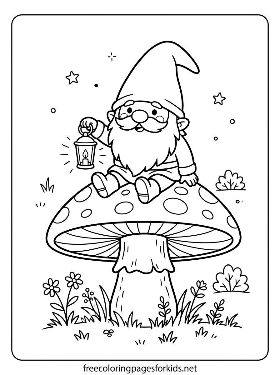 Gnome on a Mushroom with a Lantern Coloring Page