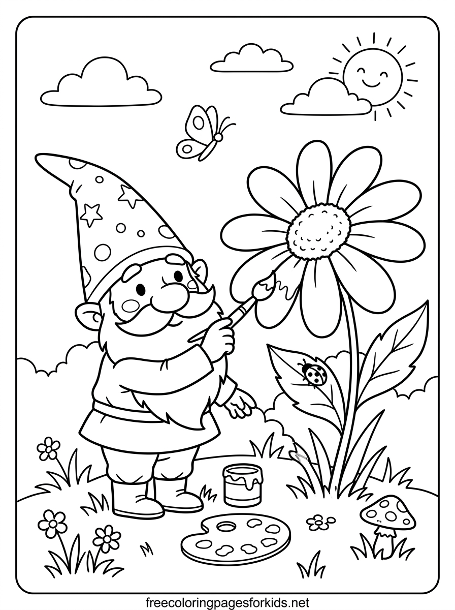 Gnome Painting a Flower Coloring Page