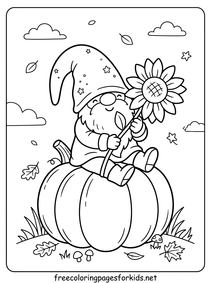 Gnome on a Pumpkin Coloring Page