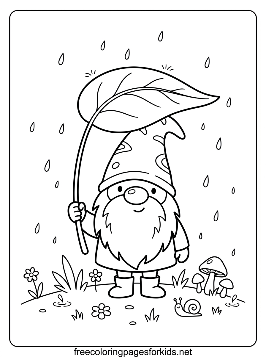 Gnome in the Rain Coloring Page