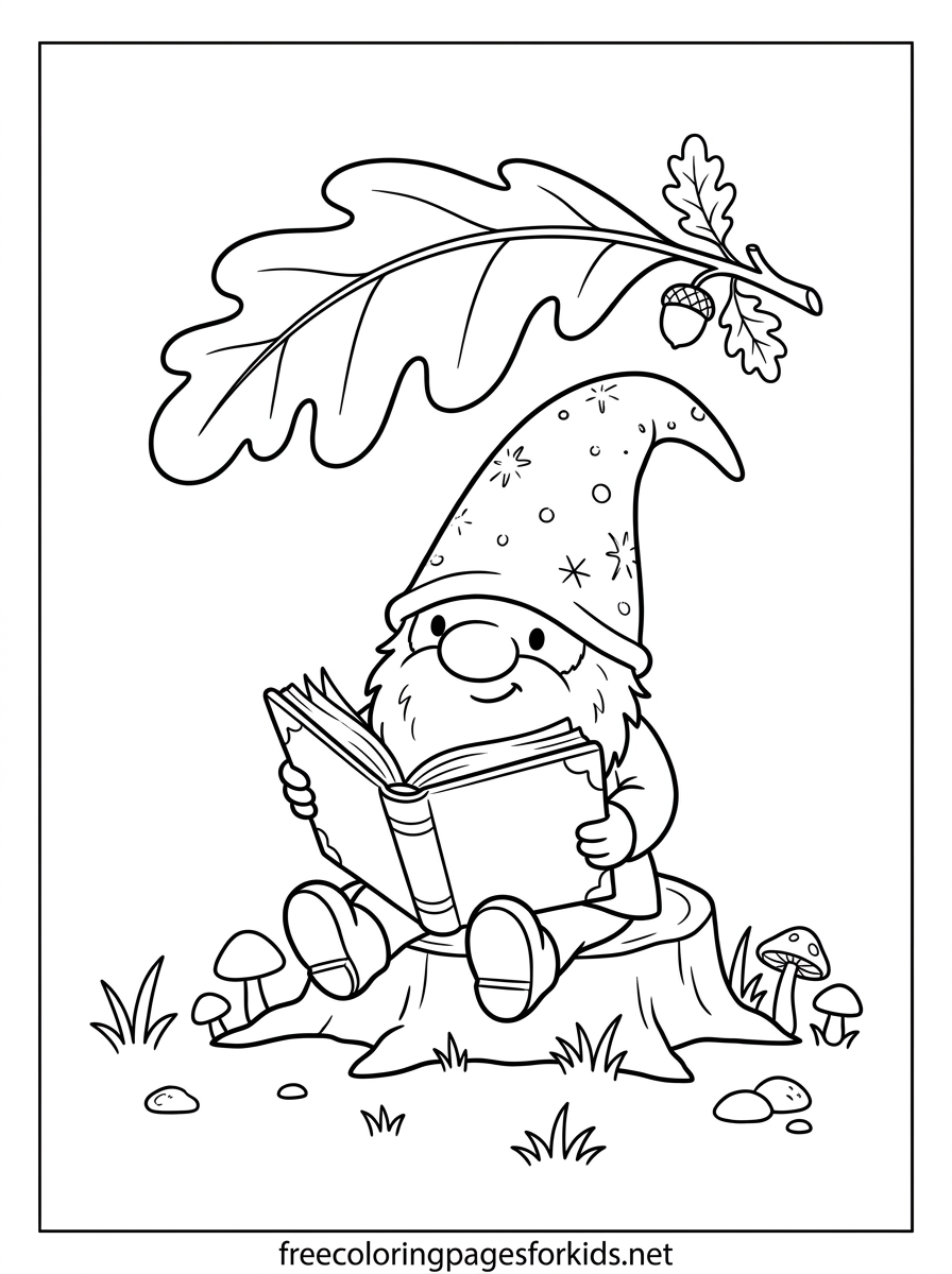 Gnome Reading a Book Coloring Page
