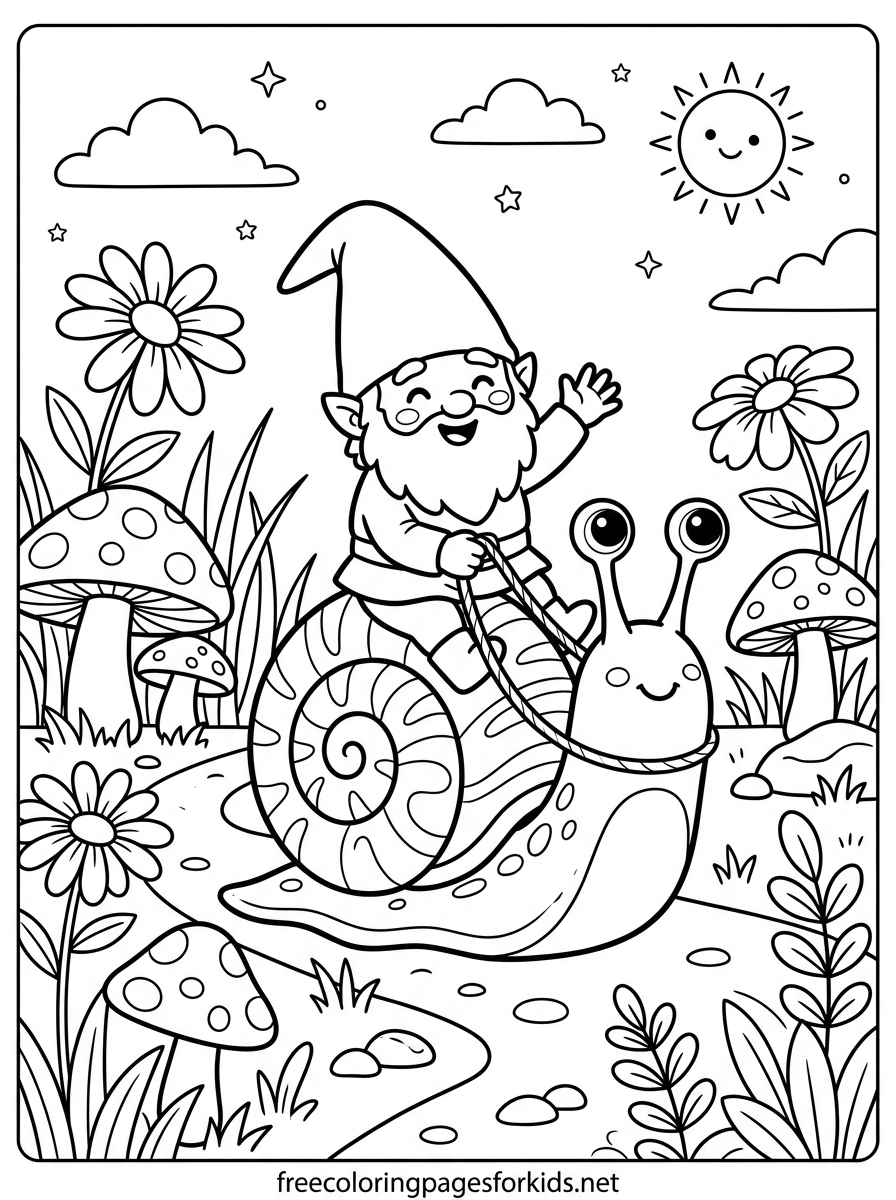 Gnome Riding a Snail Coloring Page