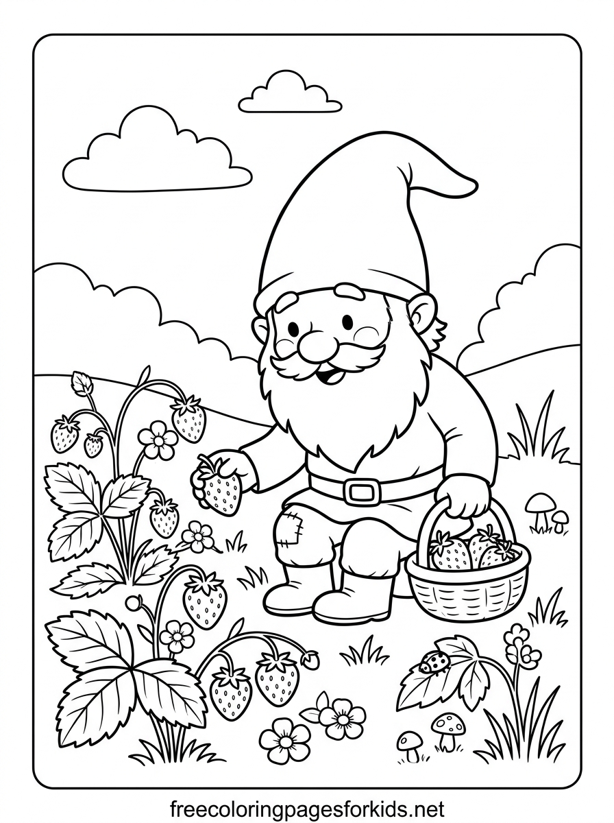 Gnome Picking Strawberries Coloring Page
