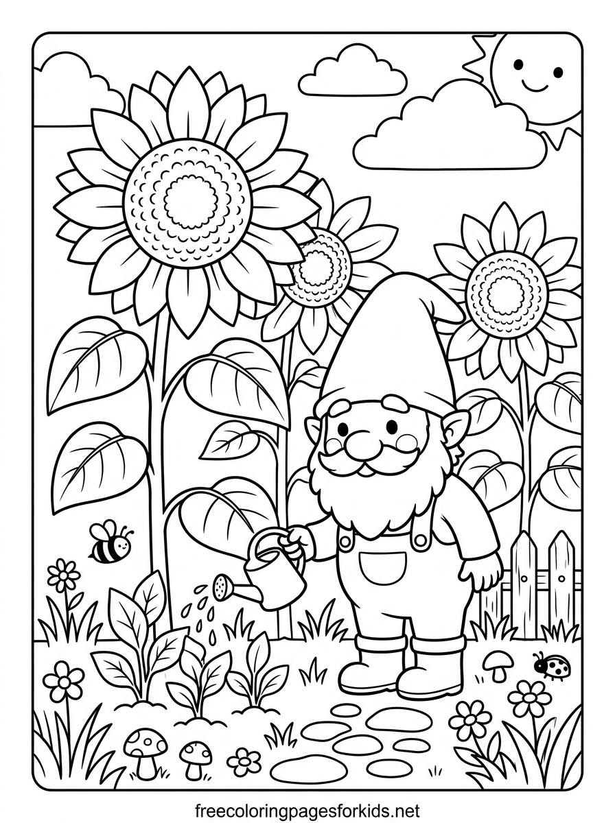 Gnome in the Sunflower Garden Coloring Page