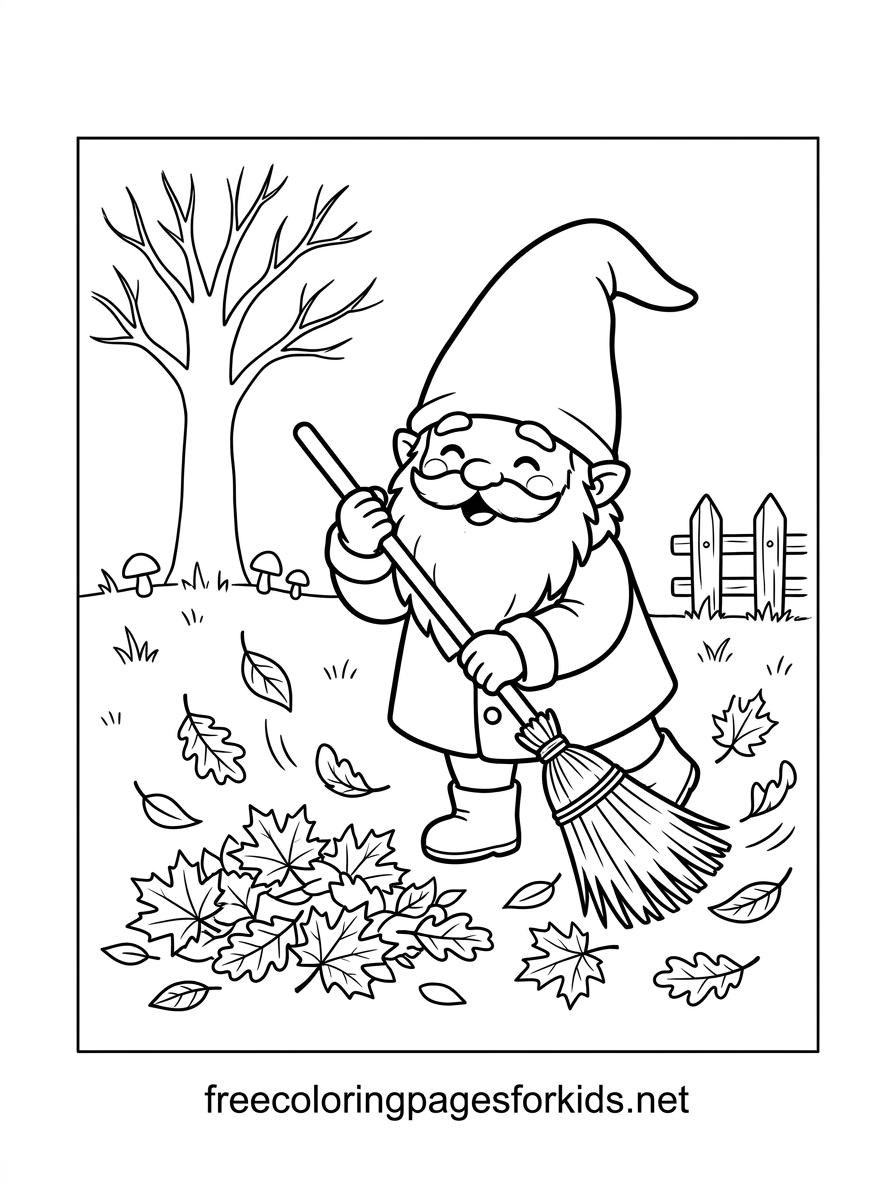 Gnome Sweeping Autumn Leaves Coloring Page