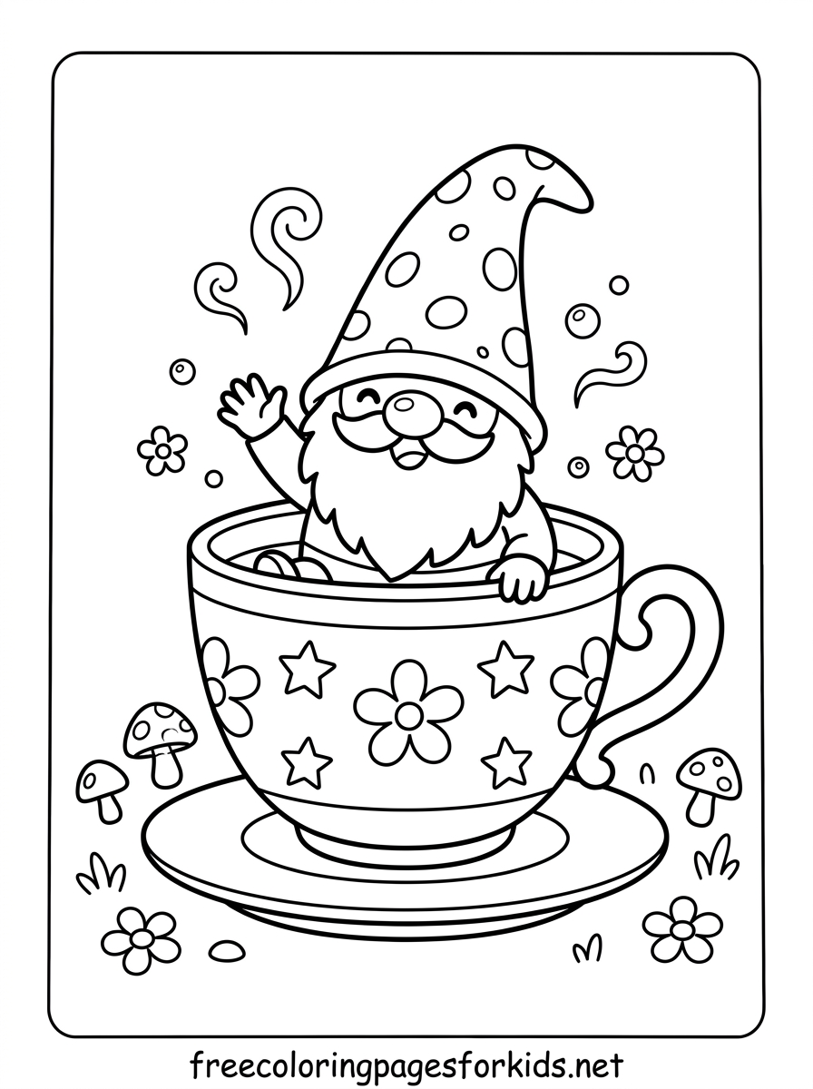Gnome in a Teacup Coloring Page