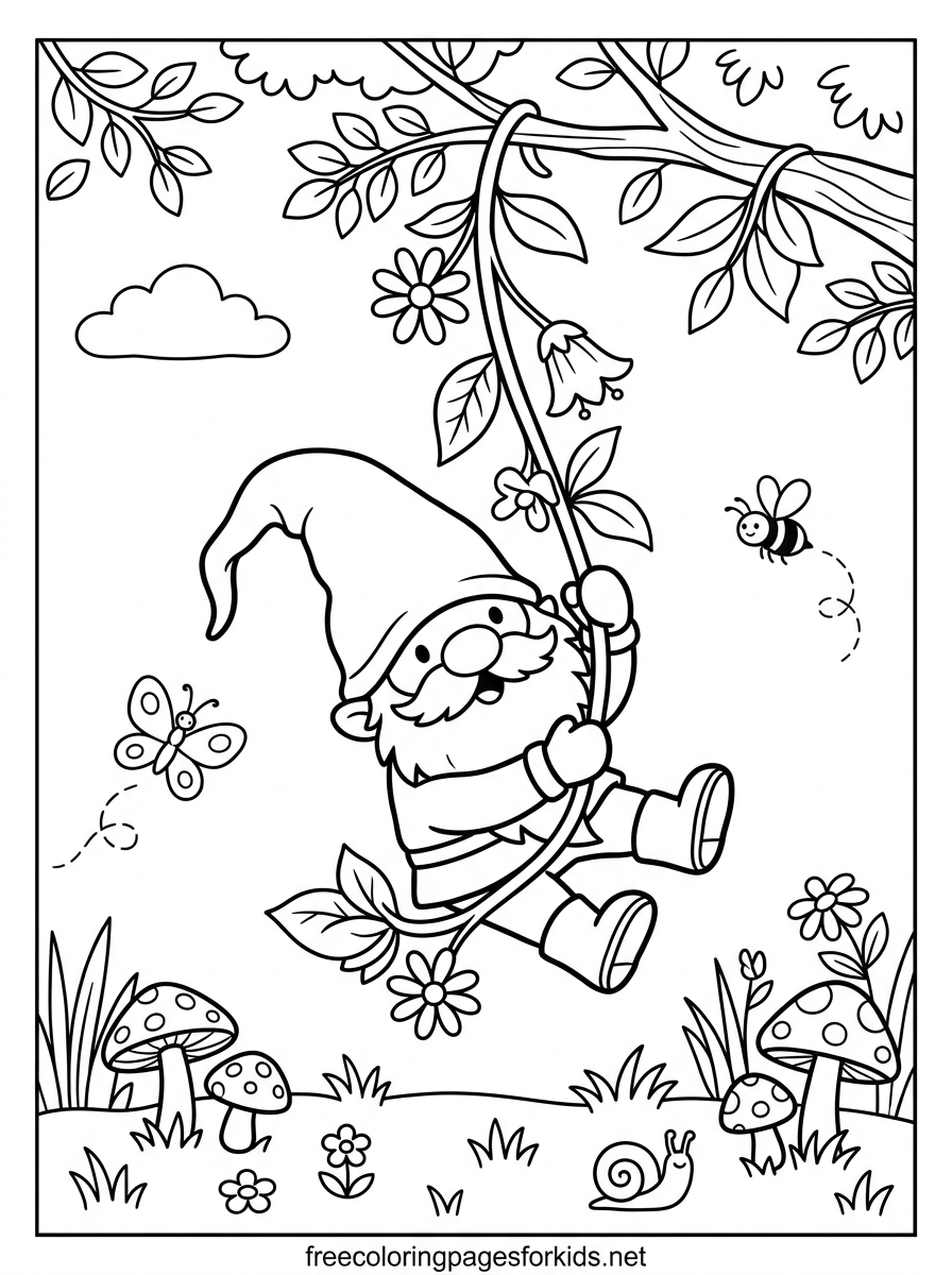 Gnome Swinging on a Vine Coloring Page