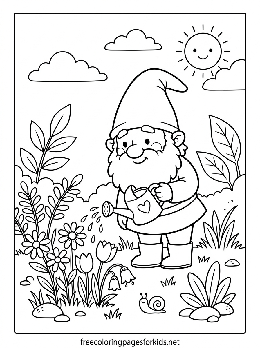 Gnome Watering Flowers Coloring Page