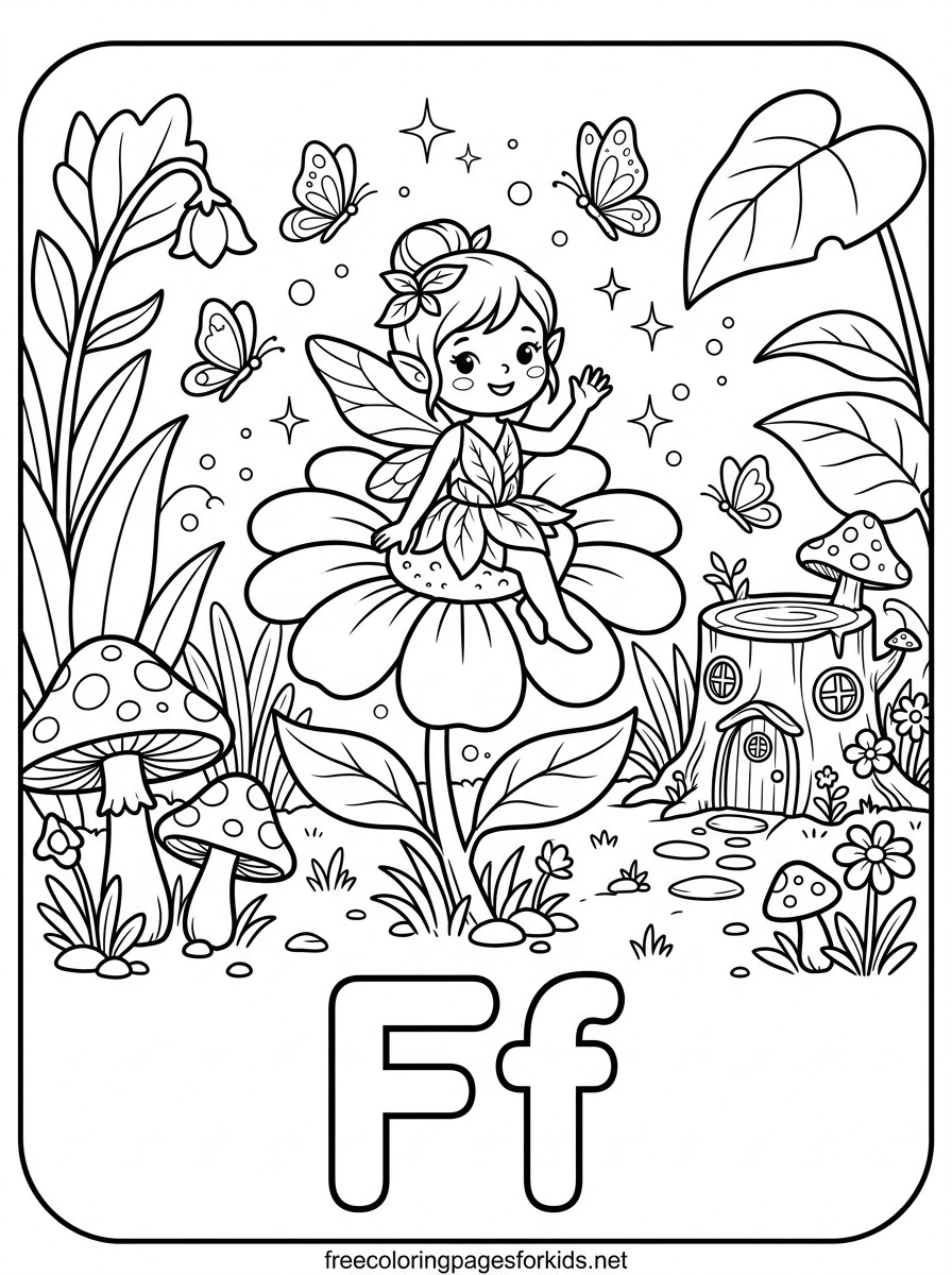Letter F Fairy on a Flower Coloring Page