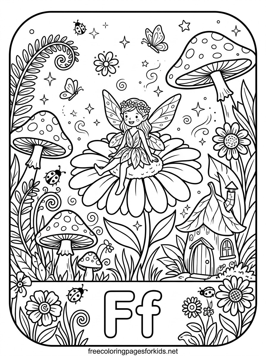Letter F Fairy in the Mushroom Garden Coloring Page