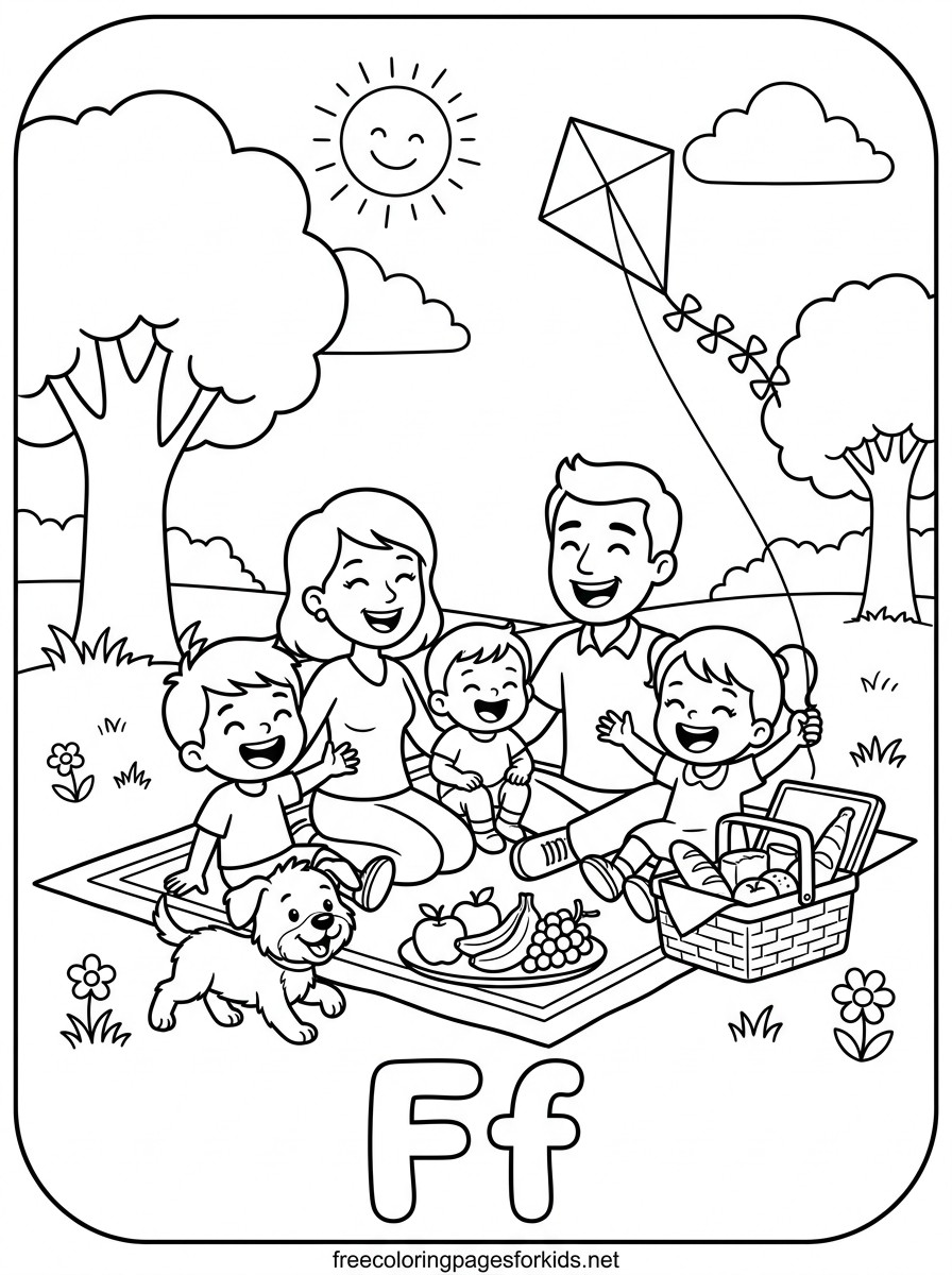 Letter F Family Picnic with a Puppy Coloring Page